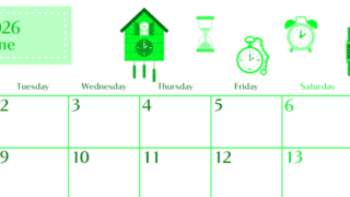 2026年6月横型月曜始まり 時計イラストのおしゃれA4無料グリーンのカレンダー(2026-00960601)
