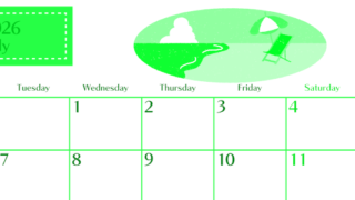 2026年7月横型月曜始まり  バカンスイラストのおしゃれA4無料グリーンのカレンダー(2026-00960701)