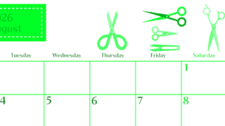 2026年8月横型月曜始まり ハサミイラストのおしゃれA4無料グリーンのカレンダー(2026-00960801)