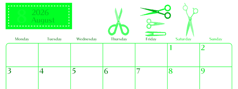 2026年8月横型月曜始まり ハサミイラストのおしゃれA4無料グリーンのカレンダー(2026-00960801)