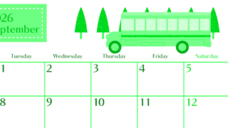 2026年9月横型月曜始まり バスイラストのおしゃれA4無料グリーンのカレンダー(2026-00960901)