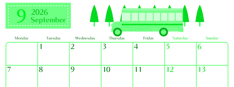 2026年9月横型月曜始まり バスイラストのおしゃれA4無料グリーンのカレンダー(2026-00960901)