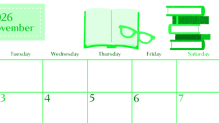 2026年11月横型月曜始まり 読書イラストのおしゃれA4無料グリーンのカレンダー(2026-00961101)