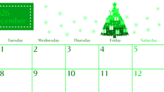 2026年12月横型月曜始まり クリスマスツリーイラストのおしゃれA4無料グリーンのカレンダー(2026-00961201)