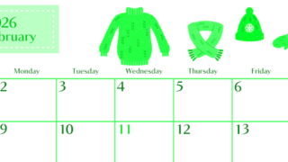 2026年2月横型日曜始まり イラストのおしゃれA4無料グリーンのカレンダー(2026-00960200)