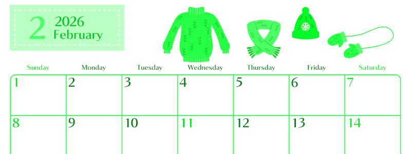 2026年2月横型日曜始まり イラストのおしゃれA4無料グリーンのカレンダー(2026-00960200)