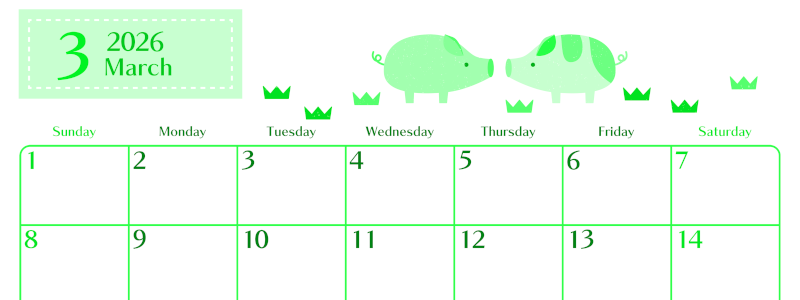 2026年3月横型日曜始まり 子豚イラストのおしゃれA4無料グリーンのカレンダー(2026-00960300)
