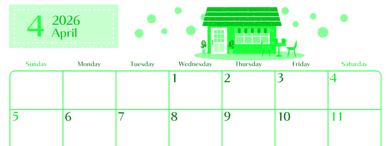 2026年4月横型日曜始まり 新生活イラストのおしゃれA4無料グリーンのカレンダー(2026-00960400)
