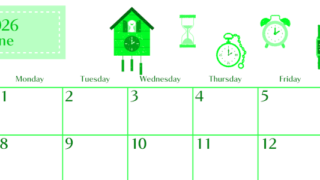 2026年6月横型日曜始まり 時計イラストのおしゃれA4無料グリーンのカレンダー(2026-00960600)
