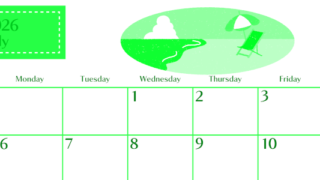 2026年7月横型日曜始まり バカンスイラストのおしゃれA4無料グリーンのカレンダー(2026-00960700)