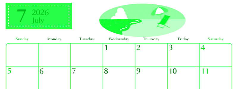 2026年7月横型日曜始まり バカンスイラストのおしゃれA4無料グリーンのカレンダー(2026-00960700)