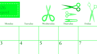 2026年8月横型日曜始まり ハサミイラストのおしゃれA4無料グリーンのカレンダー(2026-00960800)