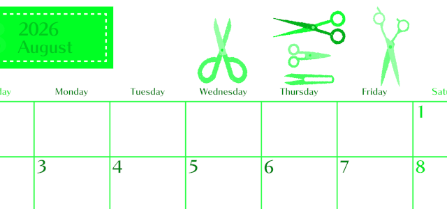 2026年8月横型日曜始まり ハサミイラストのおしゃれA4無料グリーンのカレンダー(2026-00960800)