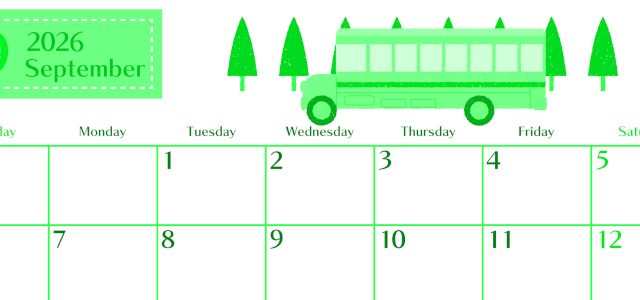 2026年9月横型日曜始まり バスイラストのおしゃれA4無料グリーンのカレンダー(2026-00960900)