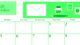 2026年10月横型日曜始まり 手紙イラストのおしゃれA4無料グリーンのカレンダー(2026-00961000)