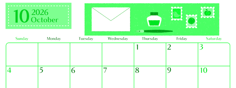2026年10月横型日曜始まり 手紙イラストのおしゃれA4無料グリーンのカレンダー(2026-00961000)