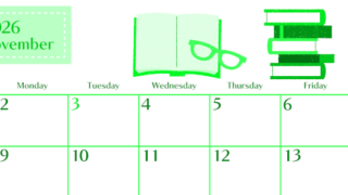 2026年11月横型日曜始まり 読書イラストのおしゃれA4無料グリーンのカレンダー(2026-00961100)