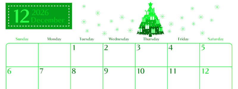 2026年12月横型日曜始まり クリスマスツリーイラストのおしゃれA4無料グリーンのカレンダー(2026-00961200)