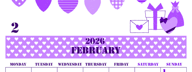 2026年2月縦型月曜始まり ラブレターイラストのかわいいA4無料パープルのカレンダー(2026-00970211)