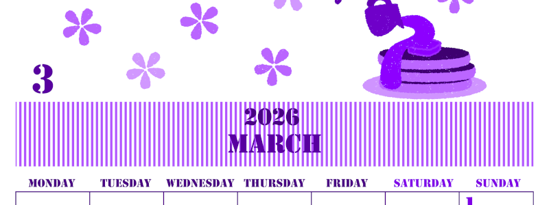 2026年3月縦型月曜始まり パンケーキイラストのかわいいA4無料パープルのカレンダー(2026-00970311)