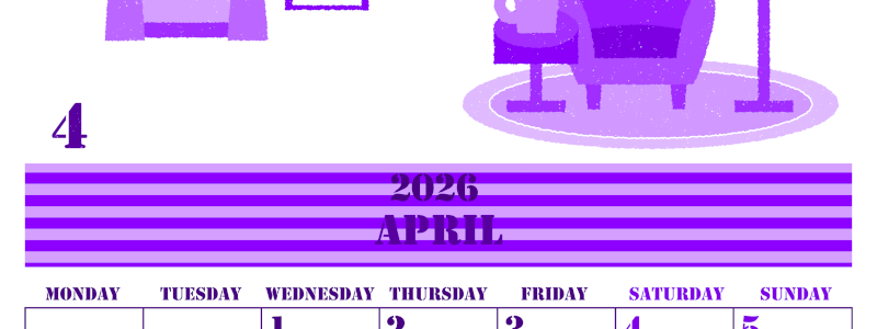 2026年4月縦型月曜始まり 新生活イラストのかわいいA4無料パープルのカレンダー(2026-00970411)