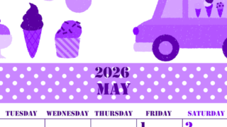 2026年5月縦型月曜始まり アイスクリームのイラストがかわいいA4無料パープルのカレンダー(2026-00970511)