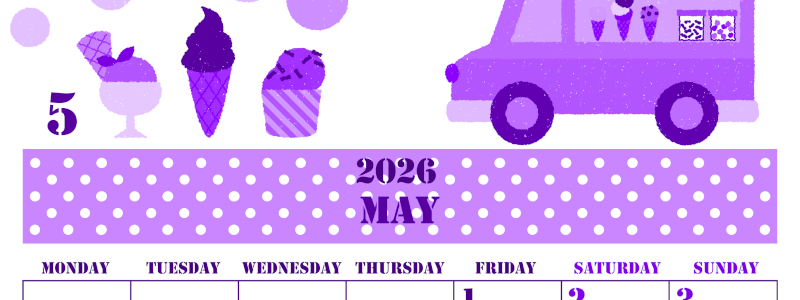 2026年5月縦型月曜始まり アイスクリームのイラストがかわいいA4無料パープルのカレンダー(2026-00970511)