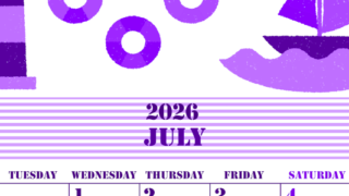 2026年7月縦型月曜始まり マリンなイラストのかわいいA4無料パープルのカレンダー(2026-00970711)