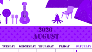 2026年8月縦型月曜始まり 夏休みイラストのかわいいA4無料パープルのカレンダー(2026-00970811)