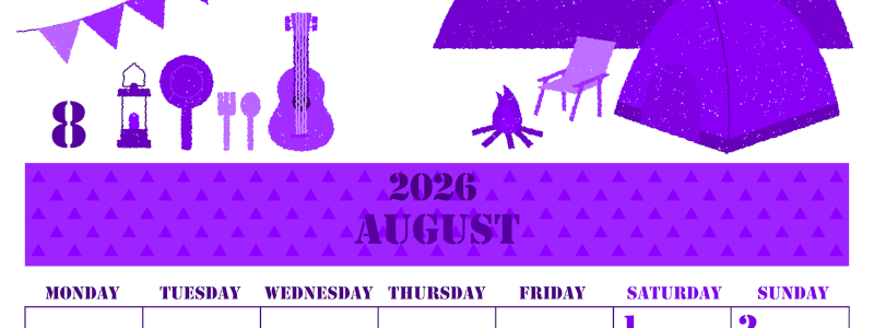 2026年8月縦型月曜始まり 夏休みイラストのかわいいA4無料パープルのカレンダー(2026-00970811)