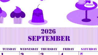 2026年9月縦型月曜始まり 食欲の秋イラストのかわいいA4無料パープルのカレンダー(2026-00970911)