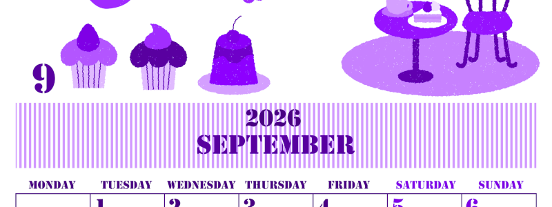 2026年9月縦型月曜始まり 食欲の秋イラストのかわいいA4無料パープルのカレンダー(2026-00970911)