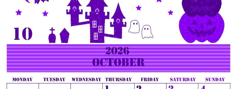 2026年10月縦型月曜始まり ハロウィンイラストがかわいいA4無料パープルのカレンダー(2026-00971011)