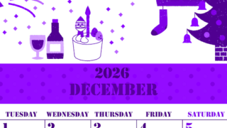 2026年12月縦型月曜始まり パーティーのイラストがかわいいA4無料パープルのカレンダー(2026-00971211)