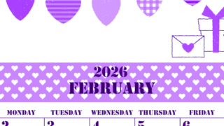 2026年2月縦型日曜始まり ラブレターイラストのかわいいA4無料パープルのカレンダー(2026-00970210)