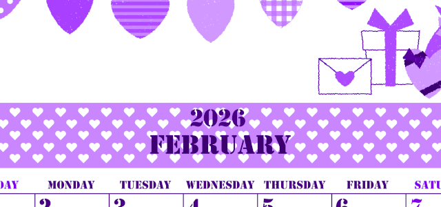 2026年2月縦型日曜始まり ラブレターイラストのかわいいA4無料パープルのカレンダー(2026-00970210)