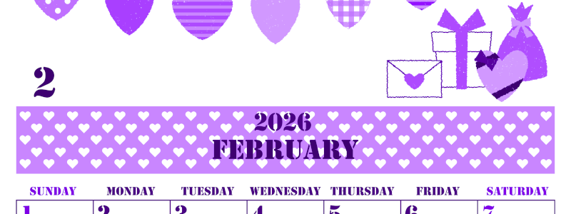 2026年2月縦型日曜始まり ラブレターイラストのかわいいA4無料パープルのカレンダー(2026-00970210)
