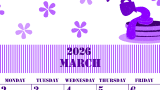 2026年3月縦型日曜始まり パンケーキイラストのかわいいA4無料パープルのカレンダー(2026-00970310)