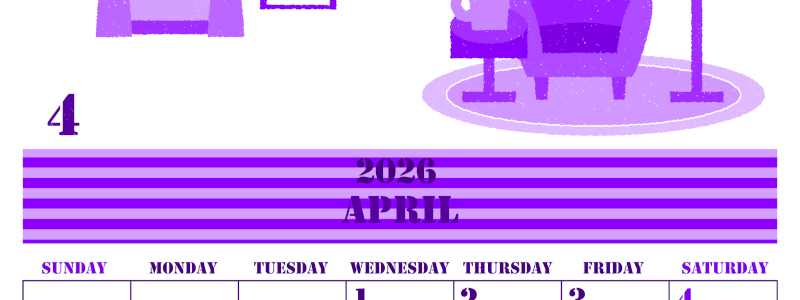 2026年4月縦型日曜始まり 新生活イラストのかわいいA4無料パープルのカレンダー(2026-00970410)