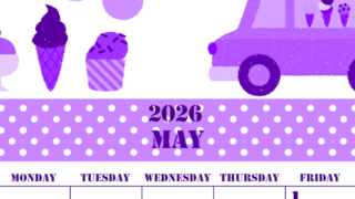 2026年5月縦型日曜始まり アイスクリームのイラストがかわいいA4無料パープルのカレンダー(2026-00970510)