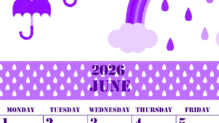 2026年6月縦型日曜始まり 虹イラストのかわいいA4無料パープルのカレンダー(2026-00970610)