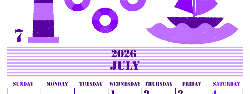 2026年7月縦型日曜始まり マリンなイラストのかわいいA4無料パープルのカレンダー(2026-00970710)