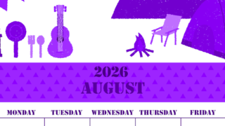 2026年8月縦型日曜始まり 夏休みイラストのかわいいA4無料パープルのカレンダー(2026-00970810)