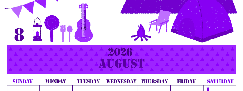 2026年8月縦型日曜始まり 夏休みイラストのかわいいA4無料パープルのカレンダー(2026-00970810)