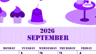 2026年9月縦型日曜始まり 食欲の秋イラストのかわいいA4無料パープルのカレンダー(2026-00970910)