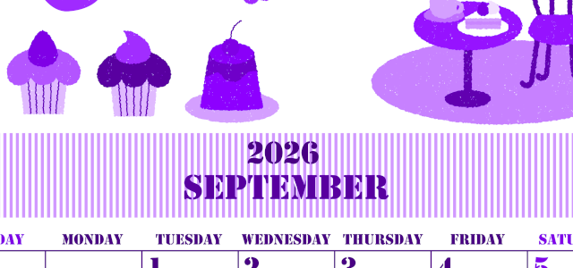 2026年9月縦型日曜始まり 食欲の秋イラストのかわいいA4無料パープルのカレンダー(2026-00970910)