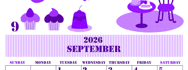 2026年9月縦型日曜始まり 食欲の秋イラストのかわいいA4無料パープルのカレンダー(2026-00970910)
