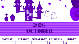 2026年10月縦型日曜始まり ハロウィンイラストがかわいいA4無料パープルのカレンダー(2026-00971010)