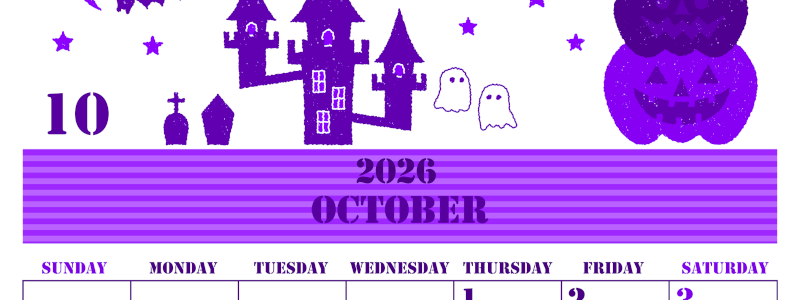 2026年10月縦型日曜始まり ハロウィンイラストがかわいいA4無料パープルのカレンダー(2026-00971010)