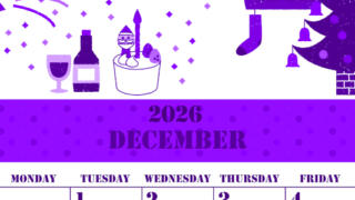 2026年12月縦型日曜始まり パーティーのイラストがかわいいA4無料パープルのカレンダー(2026-00971210)